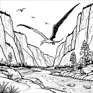 Schwebender Pteranodon über atemberaubender Landschaft Ausmalmotiv für neugierige Dino-Fans