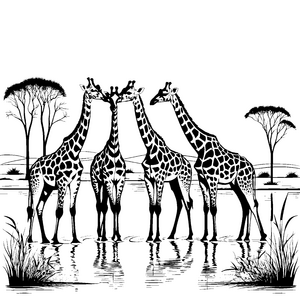 Verspielte Giraffen am glitzernden Wasser Ausmalmotiv für kleine Abenteuerer