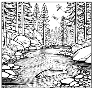 Spritziger Lachs springt im glitzernden Fluss Ausmalbild für kleine Naturforscher