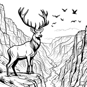 Majestätischer Riesenhirsch in grandioser Landschaft Ausmalbild für abenteuerliche Naturfreunde