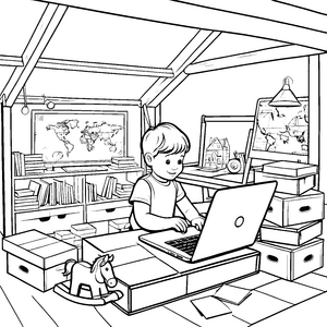 Technikbegeisterter Junge beim Entdecken am Laptop Ausmalbild für kreative Köpfe