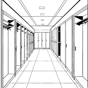 Futuristische Garderobenschränke in heller Halle Ausmalbild für kreative Ordnungsliebhaber