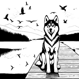 Majestätischer Husky am glitzernden See Ausmalbild für tierbegeisterte Abenteurer