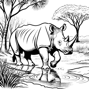 Abenteuerliches Nashorn am glitzernden Wasser Ausmalvorlage für junge Naturfreunde