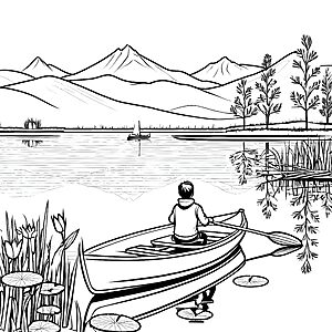 Abenteuerliches Paddelboot auf glitzerndem Wasser Ausmalvorlage für kleine Naturfreunde