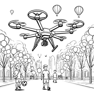 Aufregende Drohne über dem Park Ausmalvorlage für kleine Technikhelden
