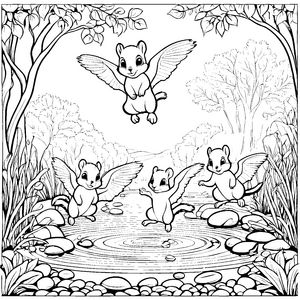 Fliegende Flughörnchen-Babys am glitzernden Teich Ausmalvorlage für fröhliche Entdecker