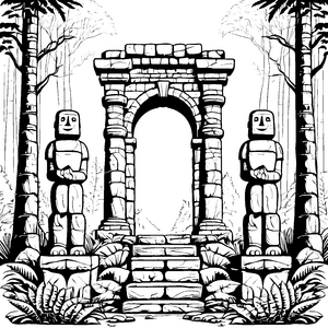 Faszinierender Golem am geheimnisvollen Tor Ausmalbild für neugierige Abenteurer