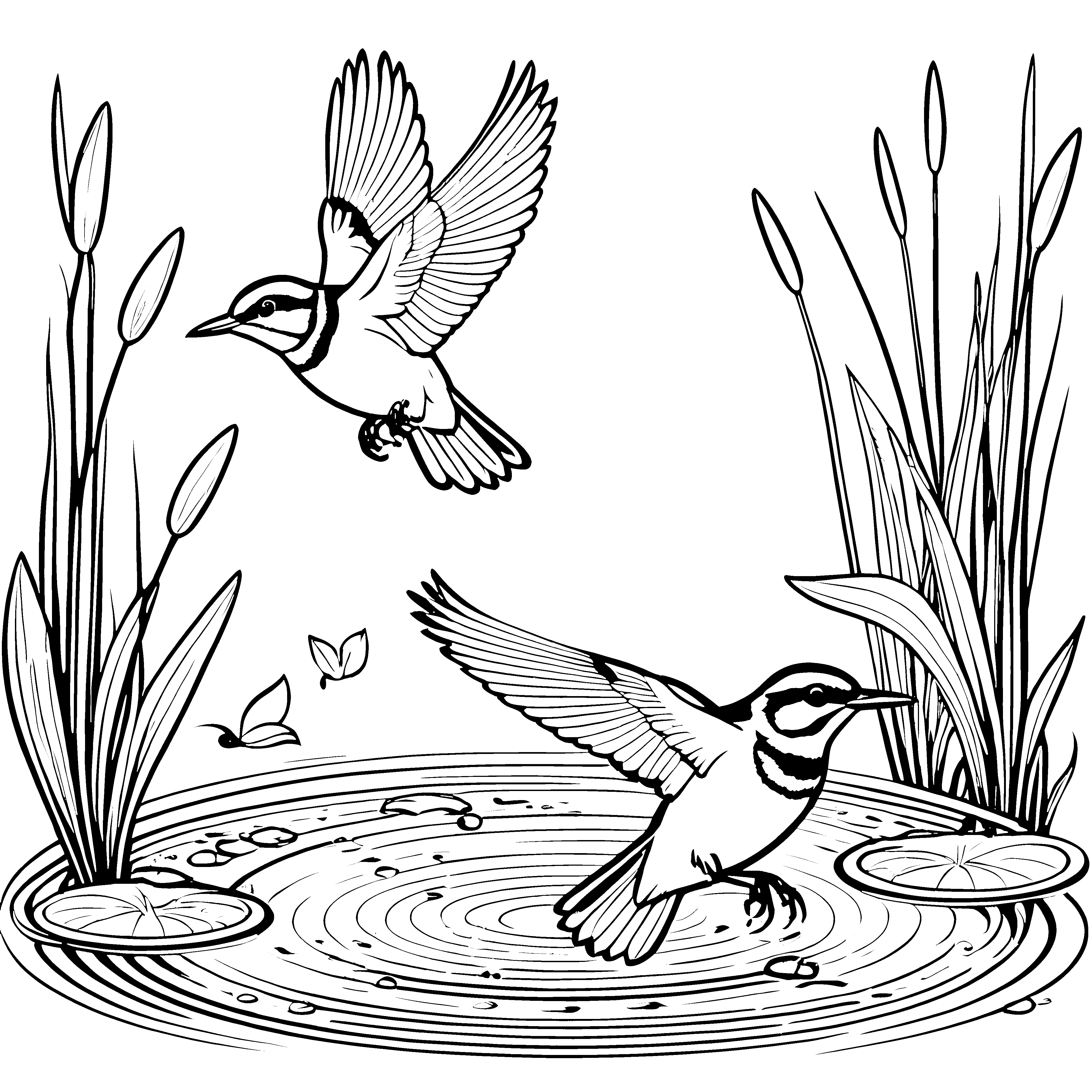 Spritzige Vögel beim Baden im klaren Wasser Ausmalvorlage für fröhliche Naturentdecker