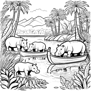 Putzige Flusspferd-Jungtiere beim Planschen Ausmalbild für kleine Wasserliebhaber