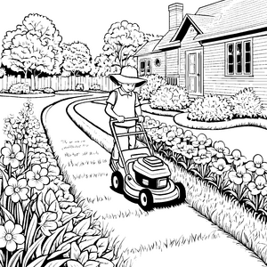Fröhlicher Rasenmäher bei blühenden Blumen Ausmalvorlage für kleine Gartenfreunde
