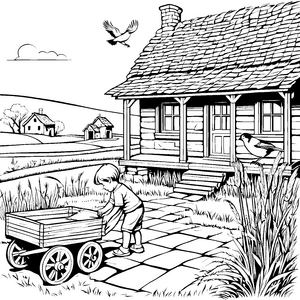 Fröhliches Kind mit Spielzeugwagen vor dem Landhaus Ausmalbild für kreative kleine Abenteurer