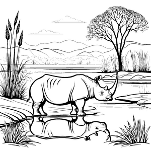 Majestätisches Nashorn am glitzernden Wasser Malvorlage für neugierige Tierforscher