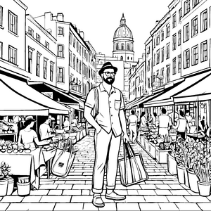 Stylischer Hipster auf belebtem Markt Ausmalvorlage für trendbewusste Entdecker