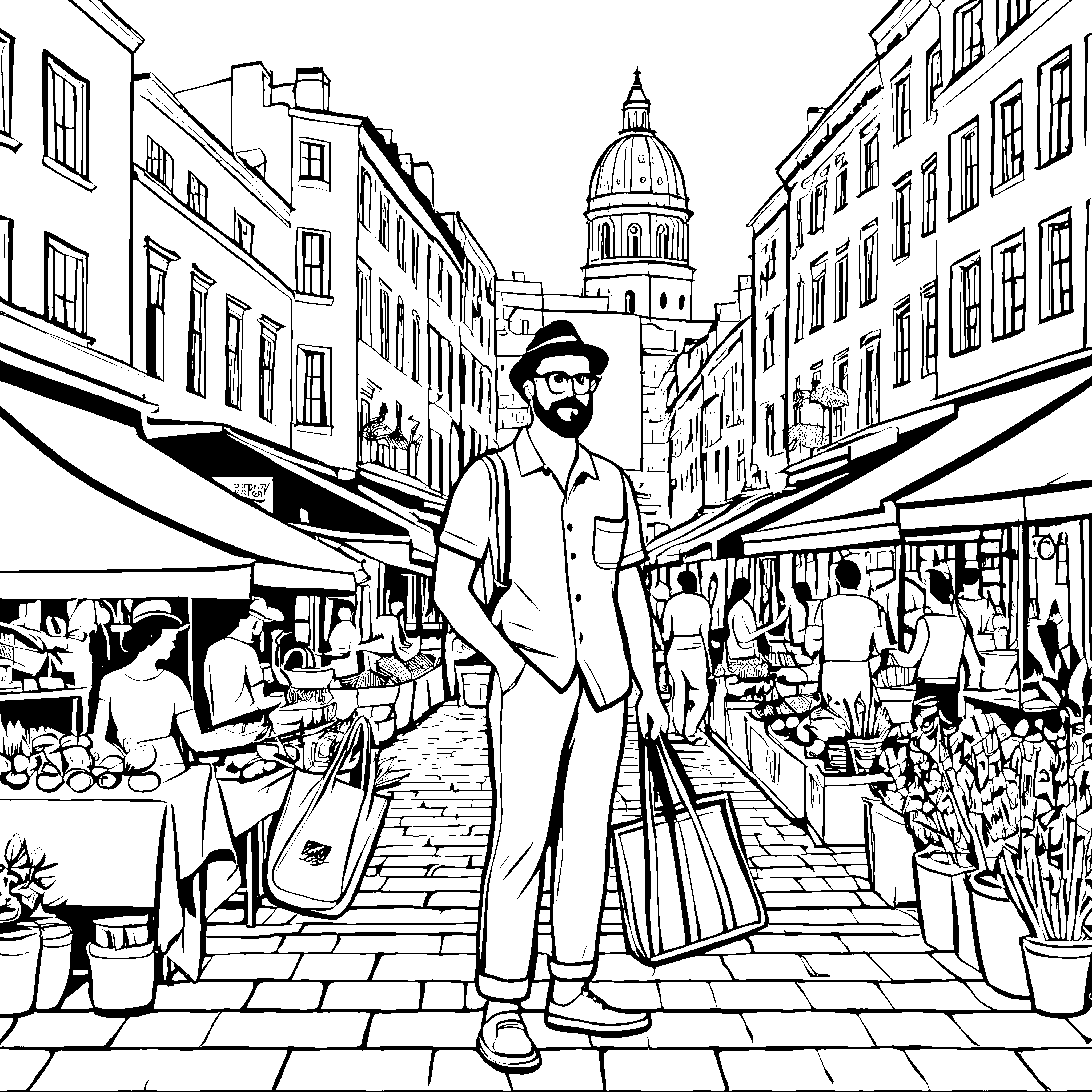Stylischer Hipster auf belebtem Markt Ausmalvorlage für trendbewusste Entdecker