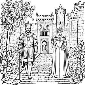 Majestätisches Königspaar vor beeindruckender Burg Ausmalvorlage für fantasievolle Träumer