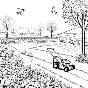 Rasenmäher bei der Gartenarbeit Ausmalvorlage für kleine Gartenfreunde
