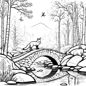 Schlauer Fuchs auf malerischer Steinbrücke Ausmalbild für abenteuerlustige Naturfreunde