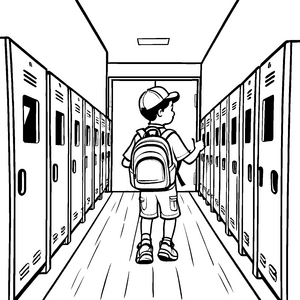 Mysteriöse Schließfächer im Schulflur Ausmalbild für kleine Entdecker