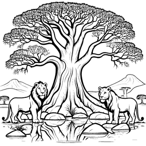 Löwen in aufregender Savanne vor majestätischem Baum Ausmalmotiv für junge Entdecker