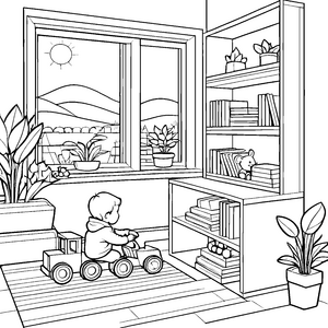 Fröhliches Kind mit farbenfrohem Spielzeug im Wohnzimmer Ausmalmotiv für kleine Entdecker