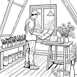 Kreativer Künstler beim Malen im lichtdurchfluteten Atelier Ausmalvorlage für fantasievolle Entdecker