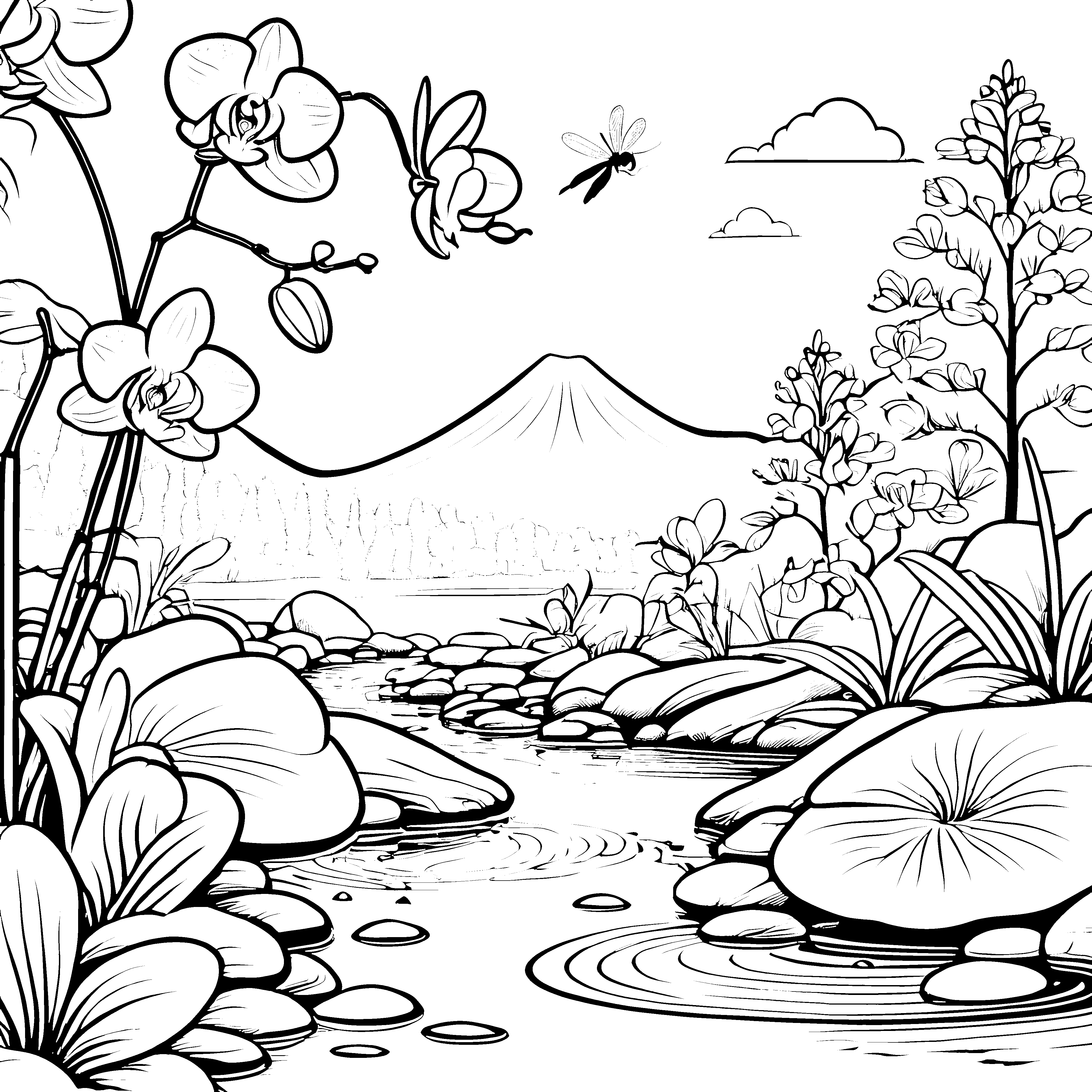 Bezaubernde Orchideen am klaren Fluss Ausmalvorlage für fantasievolle Künstler