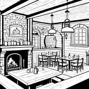 Gemütliche Taverne mit Kamin und rustikalem Flair Malvorlage für aufmerksame Entdecker