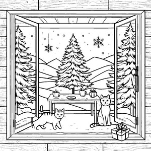 Winterliche Katzenfreunde vor festlichem Fenster Ausmalbild für fröhliche Tierliebhaber