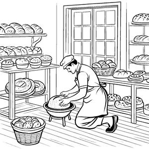 Fröhlicher Bäcker zaubert frisches Brot Ausmalbild für kleine Küchenchefs