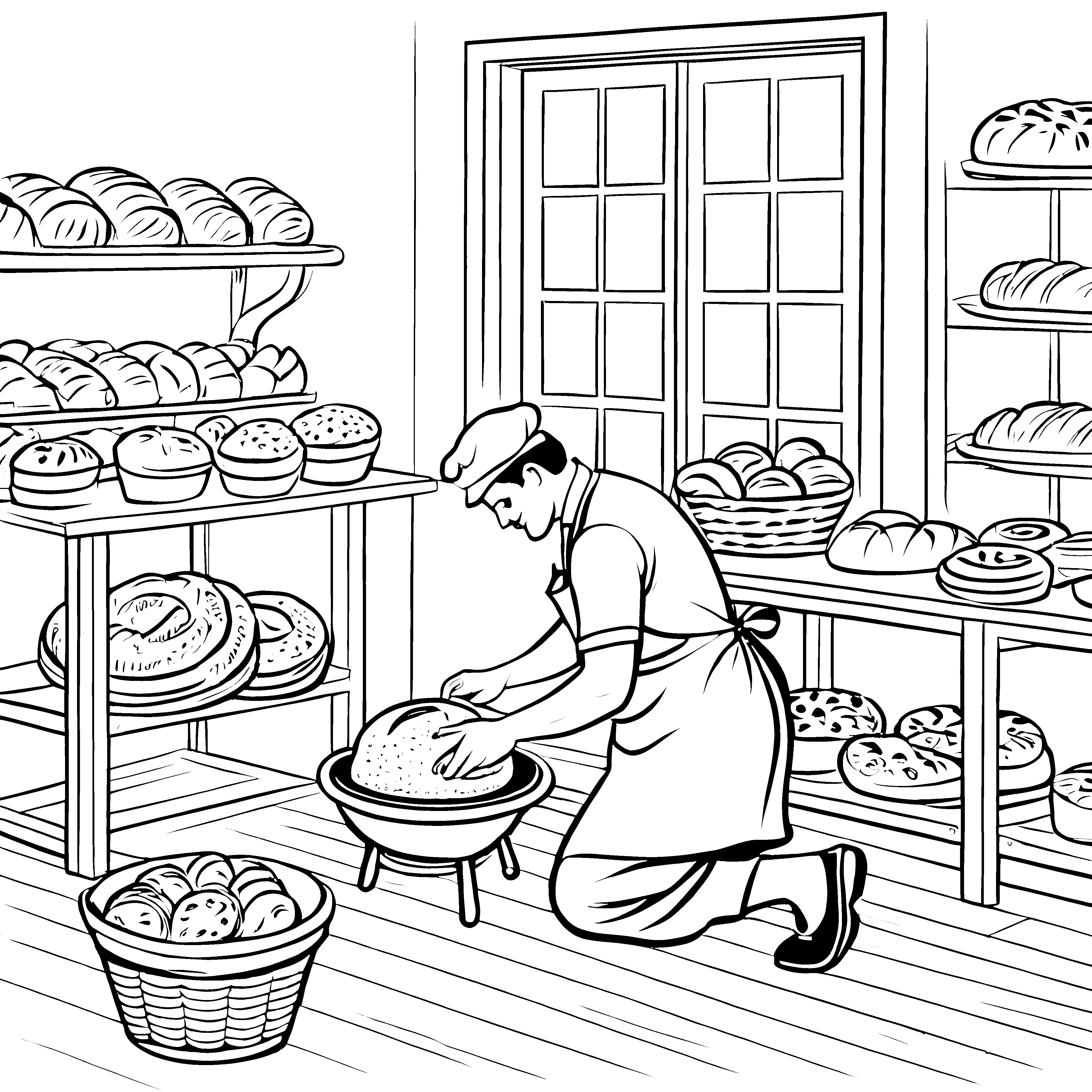 Fröhlicher Bäcker zaubert frisches Brot Ausmalbild für kleine Küchenchefs