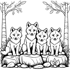 Vier niedliche Wolfsbabys auf abenteuerlicher Entdeckungsreise Ausmalbild für mutige Naturfreunde