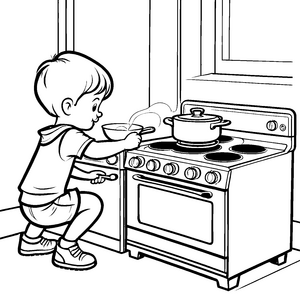 Begeisterter Junge beim Kochen am Elektroherd Ausmalmotiv für junge Küchenzauberer