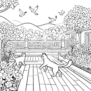 Lustige Katzenflauschis im blühenden Garten Ausmalmotiv für kleine Tierliebhaber