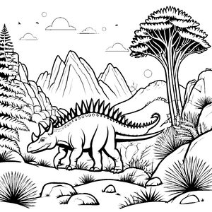 Stegosaurus im prächtigen Urwald Ausmalmotiv für kleine Dinosaurierfans