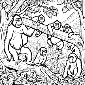 Lebhafte Orang Utans beim Spielen im Dschungel Malvorlage für frohe Entdecker