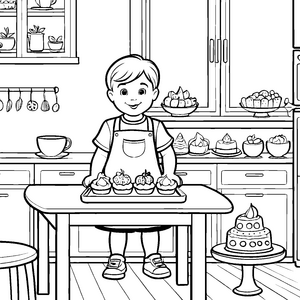 Kreativer Koch mit bunten Cupcakes Malvorlage für kleine Backfreunde