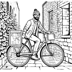 Coole Fahrradtour durch schmale Gassen Ausmalvorlage für trendige Entdecker