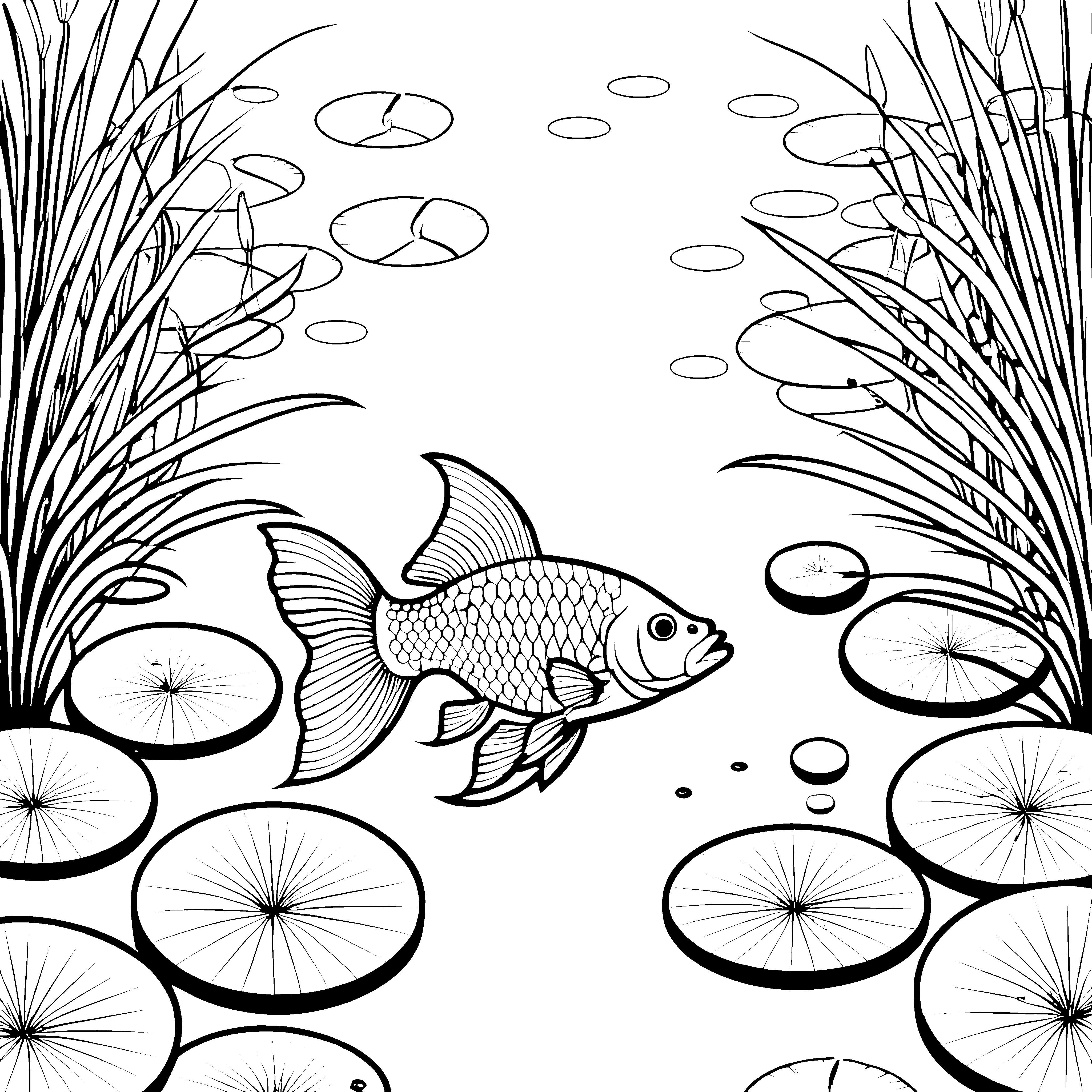 Fasziniender Goldfisch im sprudelnden Teich Ausmalbild für abenteuerlustige Kunstliebhaber