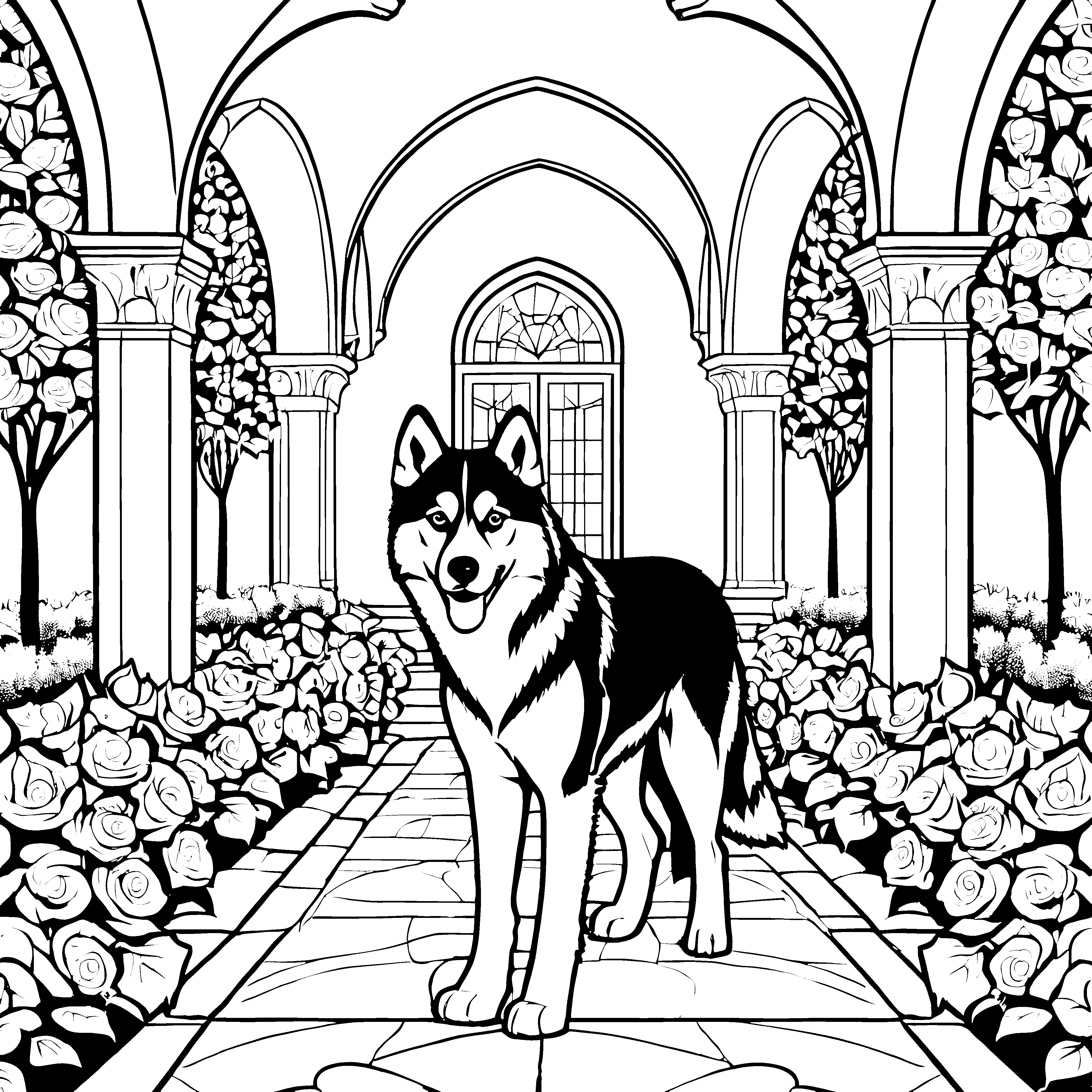 Husky-Freund im blühenden Rosengarten Ausmalvorlage für kreative Tierliebhaber