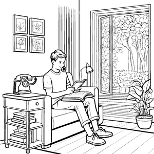 Klassisches Festnetztelefon im gemütlichen Wohnzimmer Ausmalmotiv für kreative Geschichtenerzähler