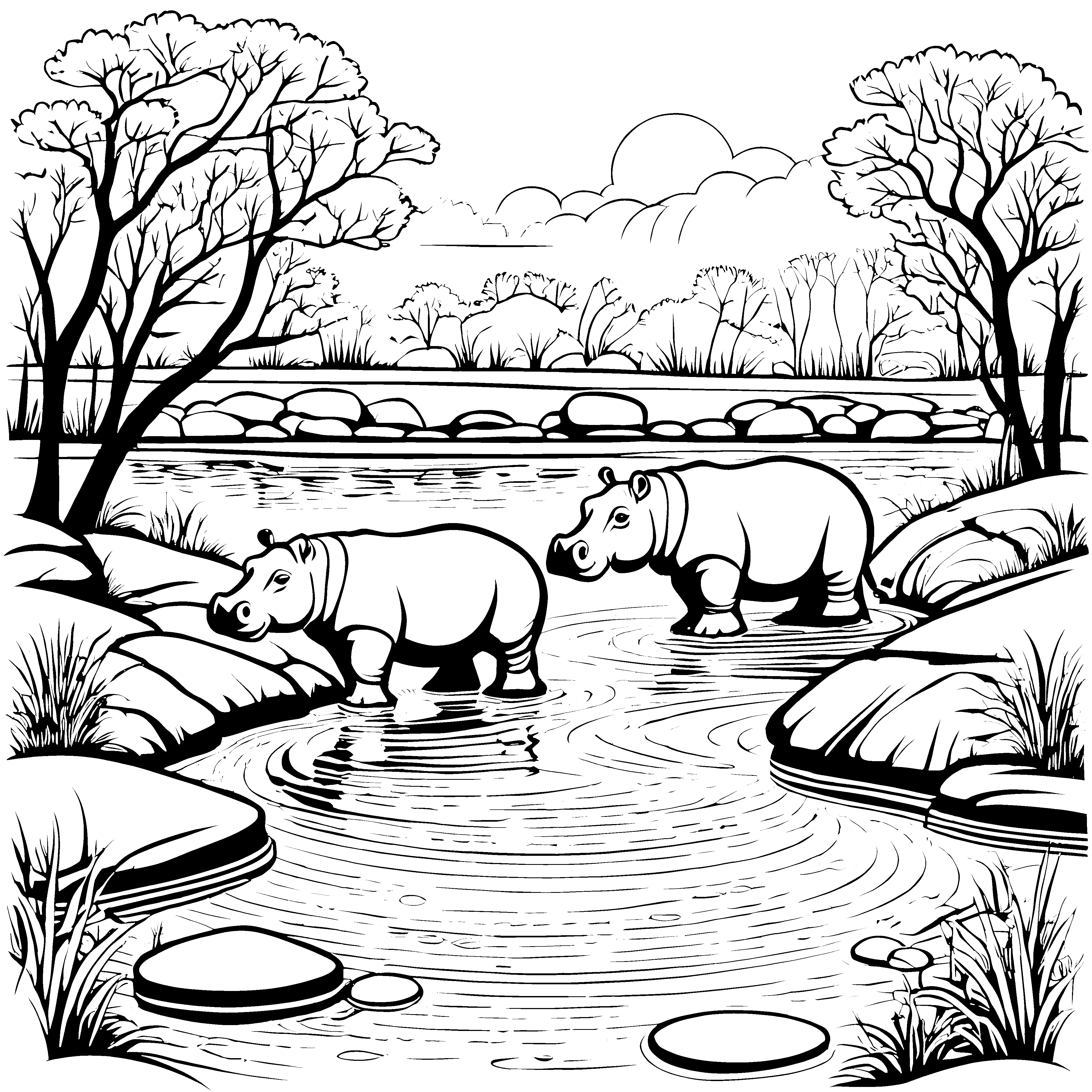 Verspielte Flusspferdchen beim Planschen im Wasser Ausmalbild für neugierige Wasserliebhaber