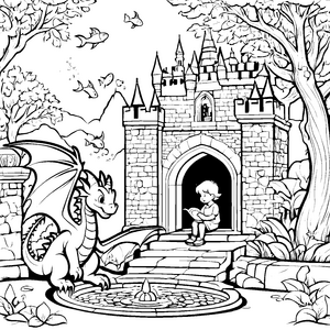 Bezaubernder Drache vor majestätischer Burg Ausmalbild für mutige Träumer