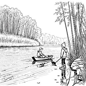 Abenteuerliche Paddeltour auf dem ruhigen See Ausmalvorlage für kleine Naturfreunde