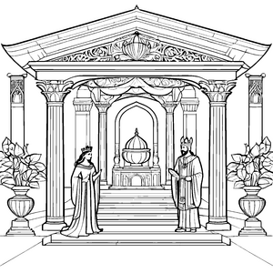 Majestätisches Königspaar im prunkvollen Palast Ausmalvorlage für kleine Geschichtenerzähler