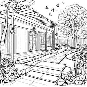 Wunderschöner Kindergarten mit blühendem Garten Ausmalbild für kleine Entdecker voller Kreativität