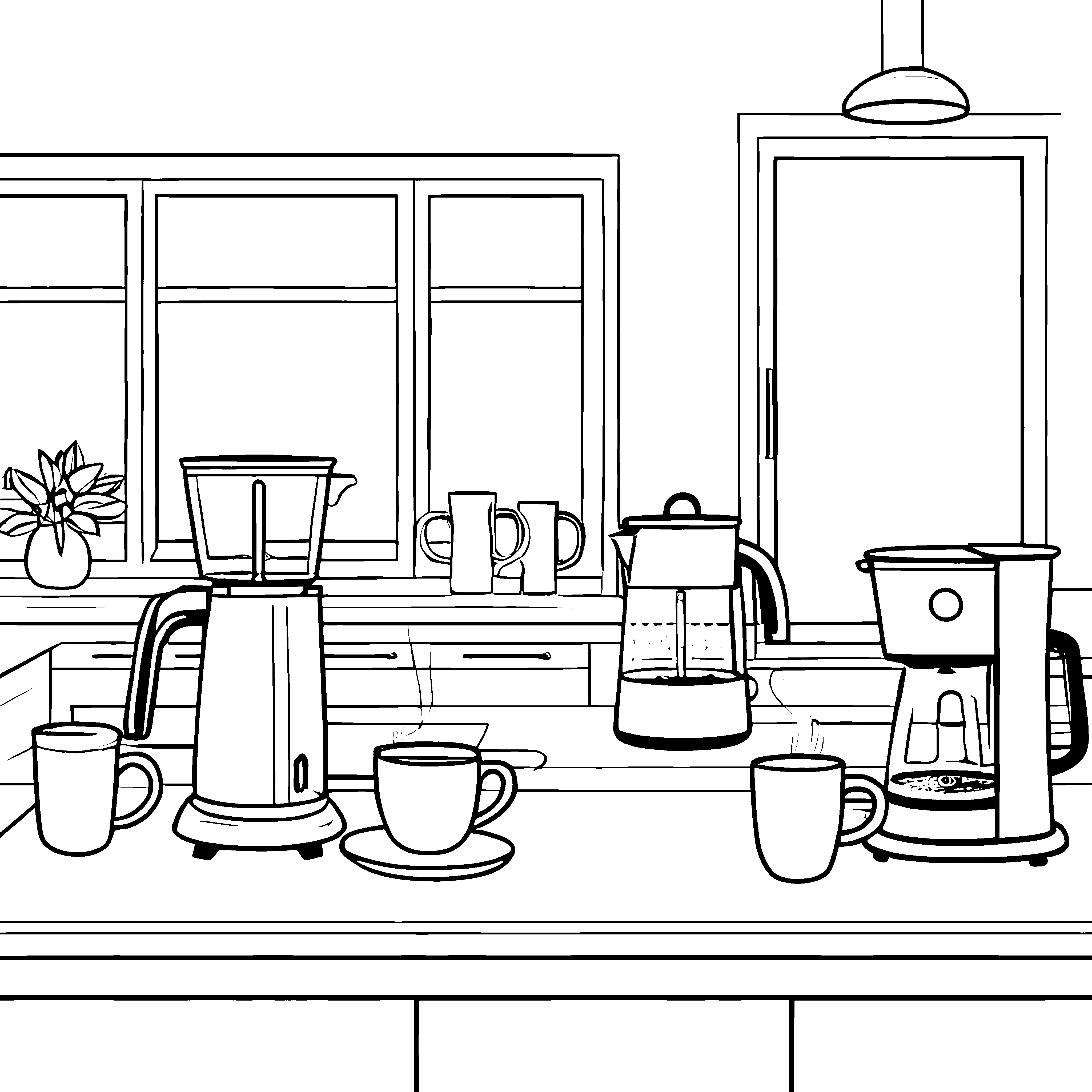Kreative Kaffeemaschinen in der gemütlichen Küche Ausmalvorlage für kleine Genussentdecker