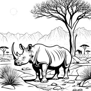 Majestätisches Nashorn in der afrikanischen Savanne Ausmalvorlage für abenteuerlustige Tierfreundinnen