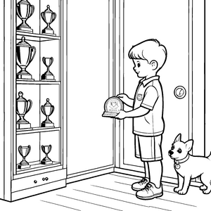 Stolzer Junge mit seiner Trophäensammlung Ausmalbild für kleine Siegerfreunde