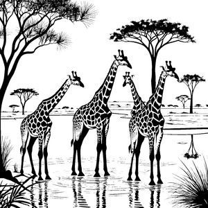 Majestätische Giraffen am ruhigen Wasser Ausmalvorlage für kleine Naturforscher